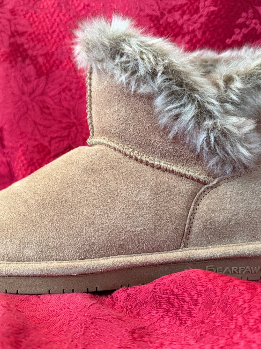 BearPaw Tan Suede Helaina Ankle Boots with Faux Fur Trim Sz 7 - Picture 7 of 11